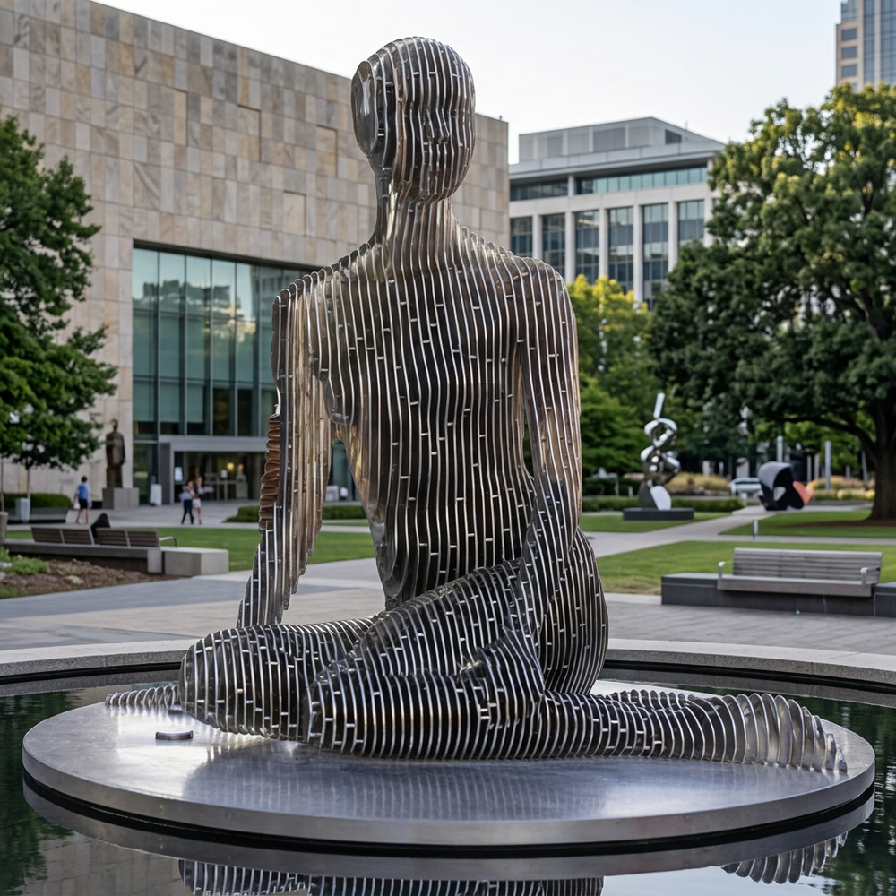 Modern sculpture of a seated figure in an urban park setting with buildings and trees in the 
background.
Industrial‑style sculpture of a human silhouette built from stacked metal strips