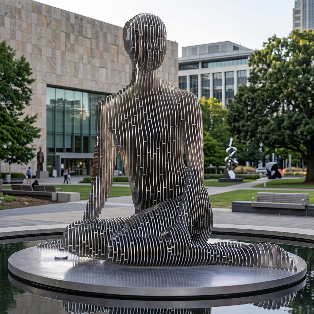 Modern sculpture of a seated figure in an urban park setting with buildings and trees in the 
background.
Industrial‑style sculpture of a human silhouette built from stacked metal strips