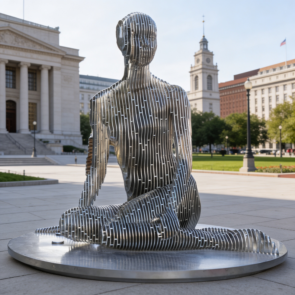 Contemporary seated figure sculpture with open, layered metal construction