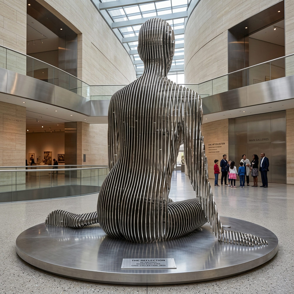 Metal strip human sculpture with transparent structural design and cross‑legged posture