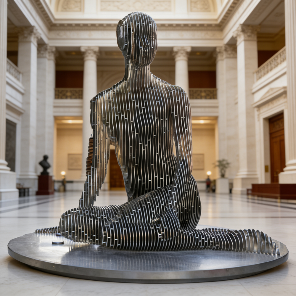 Layered metal artwork depicting a human form with open, airy structure