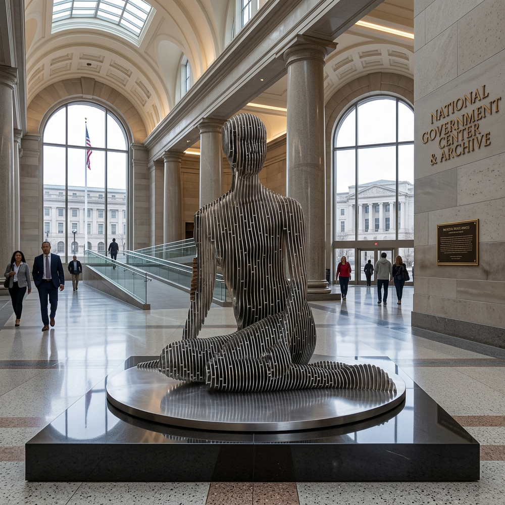 Metallic sculpture in a large, open government building with columns and large windows.
Modern industrial sculpture of a seated person composed of thin metal strips