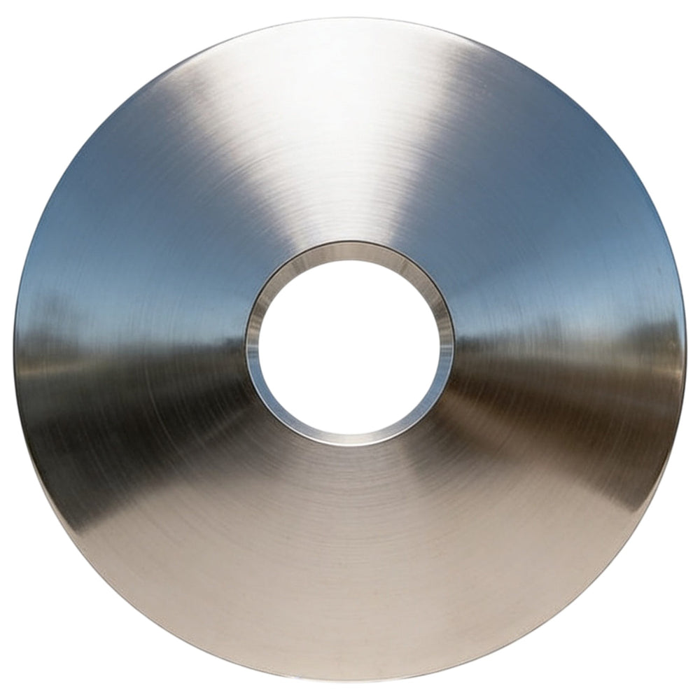 Metallic disc with a central hole on a white background
Polished metal disc mounted on a rectangular pedestal