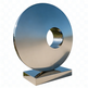 Chrome circular sculpture on a white background
Reflective stainless steel disc sculpture for modern décor