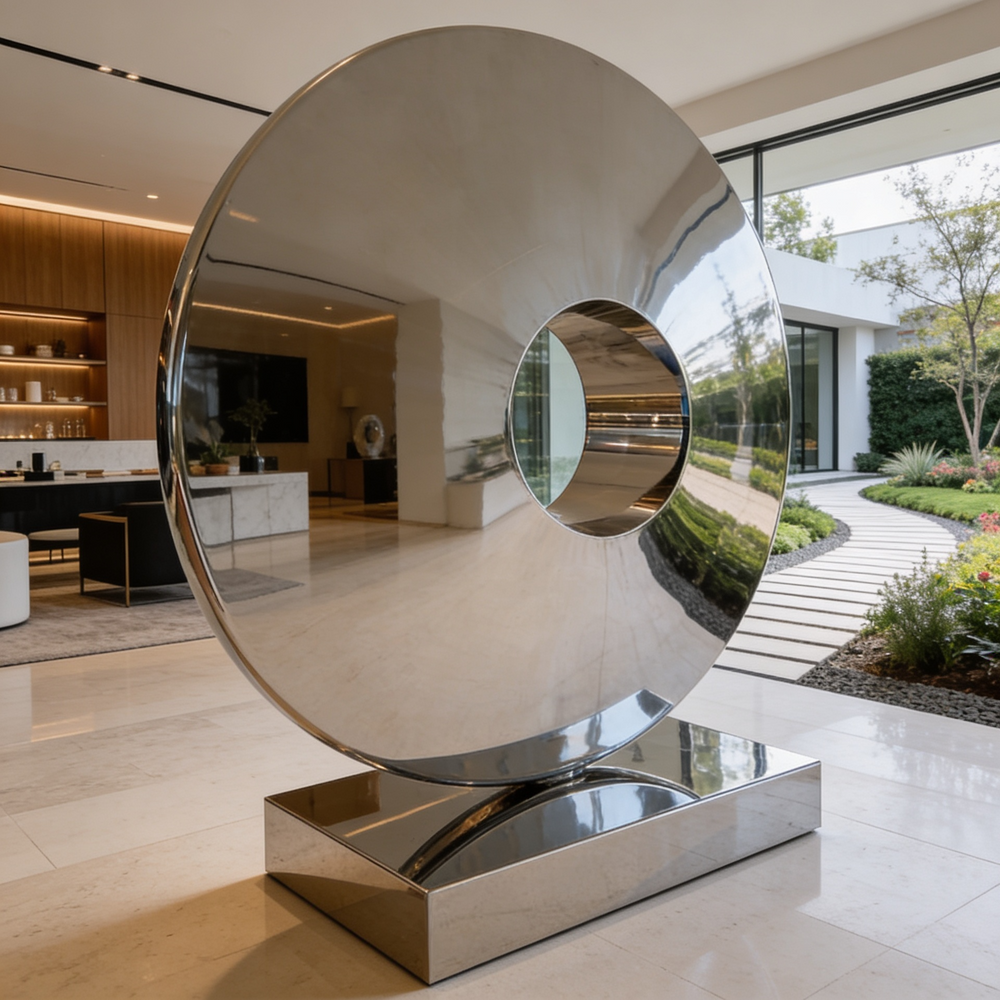 Modern interior with a large metallic sculpture in the foreground
Minimalist metallic circle sculpture on a pedestal base
