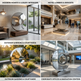 Collage of a modern metallic sculpture in various settings including a home, hotel lobby, outdoor garden, and office.
Polished metal disc mounted on a rectangular pedestal