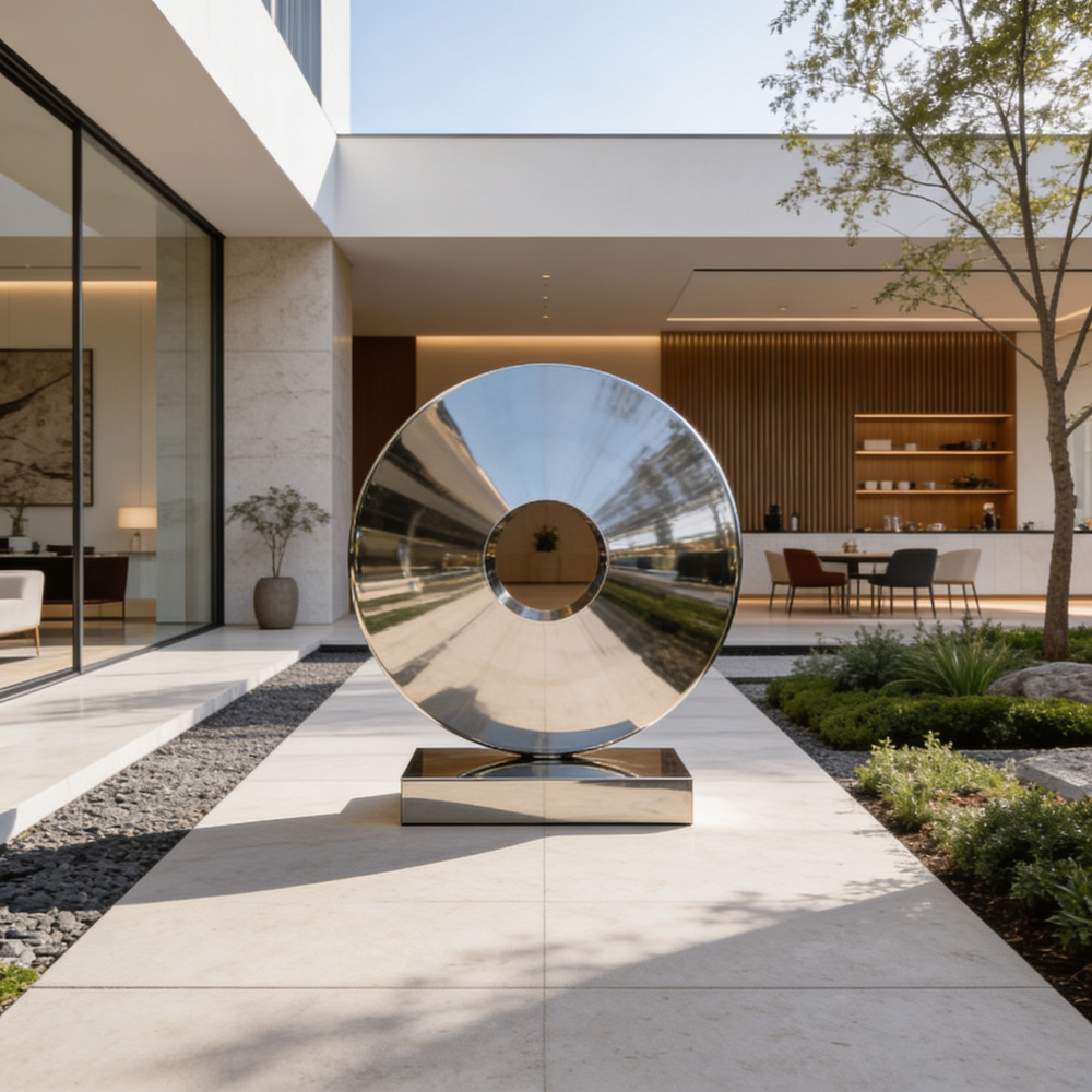 Modern outdoor setting with a large metallic sculpture in front of a house.
Modern metallic ring‑form sculpture with mirror‑polished surface