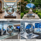 Collage of a metallic sculpture in various settings including a hotel lobby, resort gardens, creative studios, and an innovation center.
Polished metal disc mounted on a rectangular pedestal