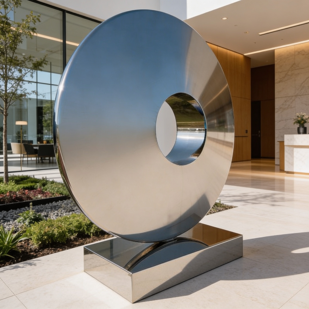 Modern metallic sculpture in front of a building entrance
Mirror‑finish metal disc artwork with modern minimalist design