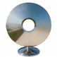 Decorative object with a circular design on a white background
Sculpture of a polished metal disc with central opening