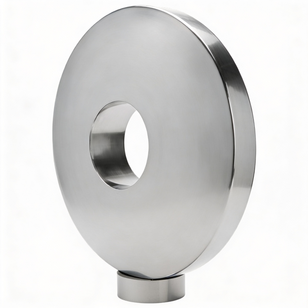 Metallic circular object with a central hole on a white background
Polished metallic circular disc sculpture with central opening on rectangular base