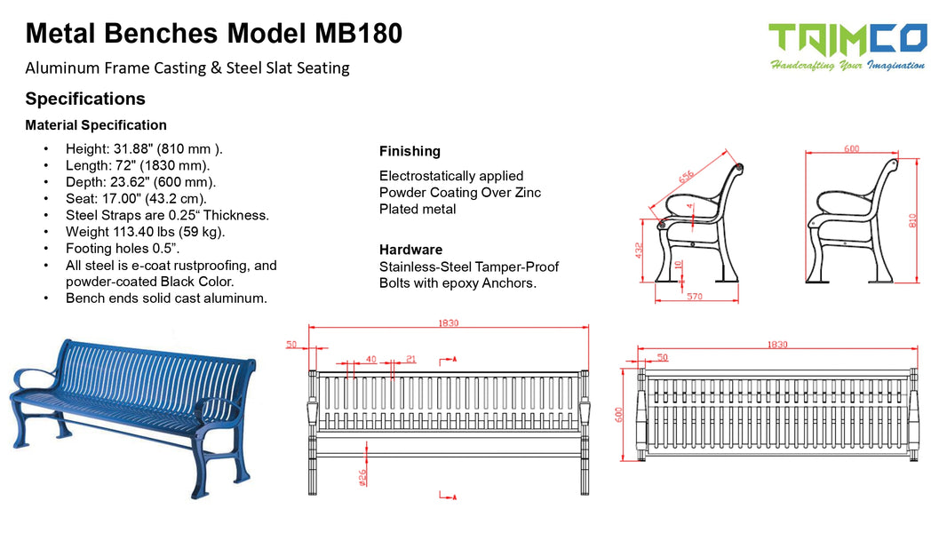 Metal Bench Aluminum Frame Cast & Steel Slat Seating | Model MB180