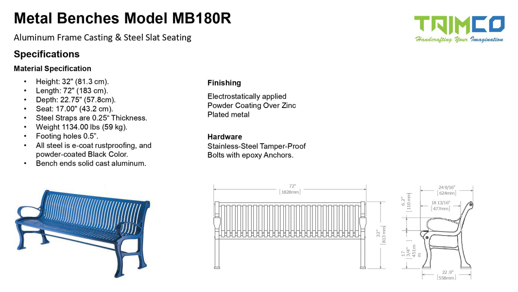 Metal Bench Aluminum Frame Cast & Steel Slat Seating | Model MB180-Taimco