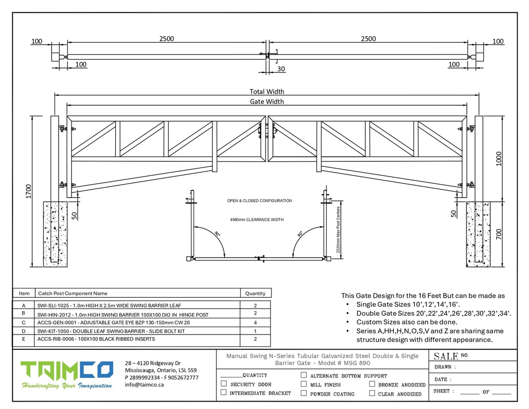 Manual Swing N-Series Tubular Galvanized Steel Double and Single Barrier Gate | Made in Canada– Model # MSG 890