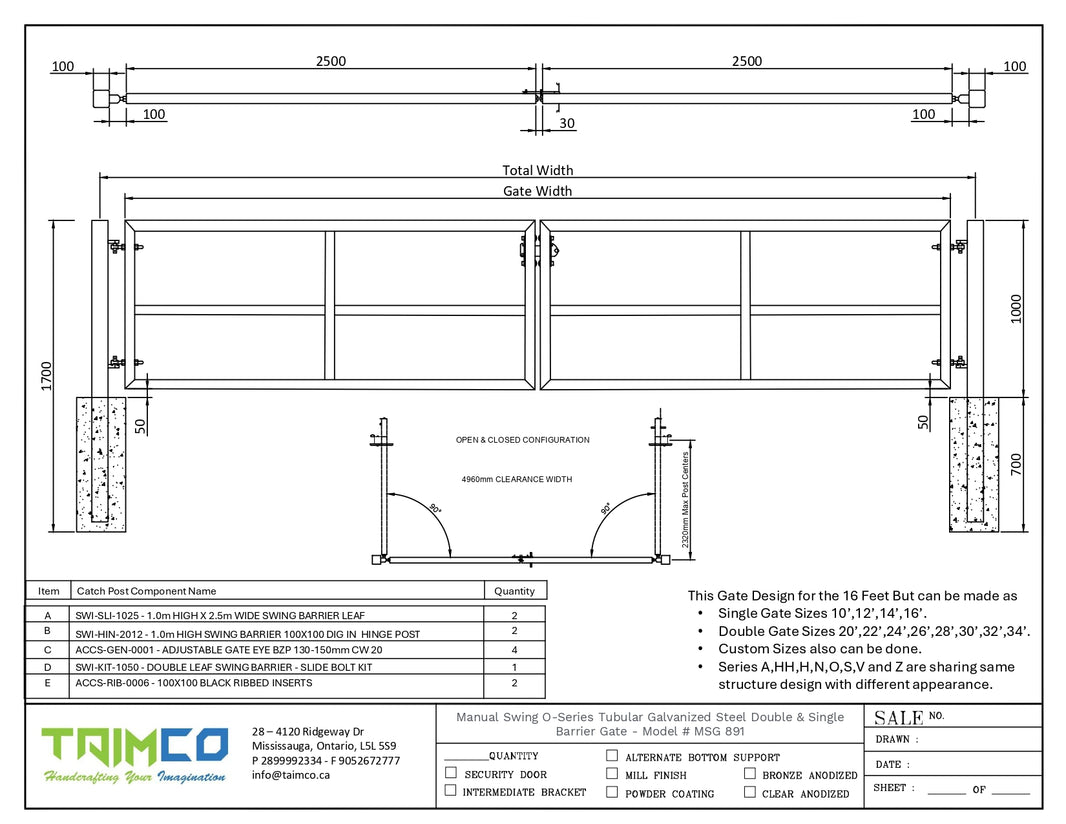 Manual Swing O-Series Tubular Galvanized Steel Double and Single Barrier Gate | Made in Canada– Model # MSG 891