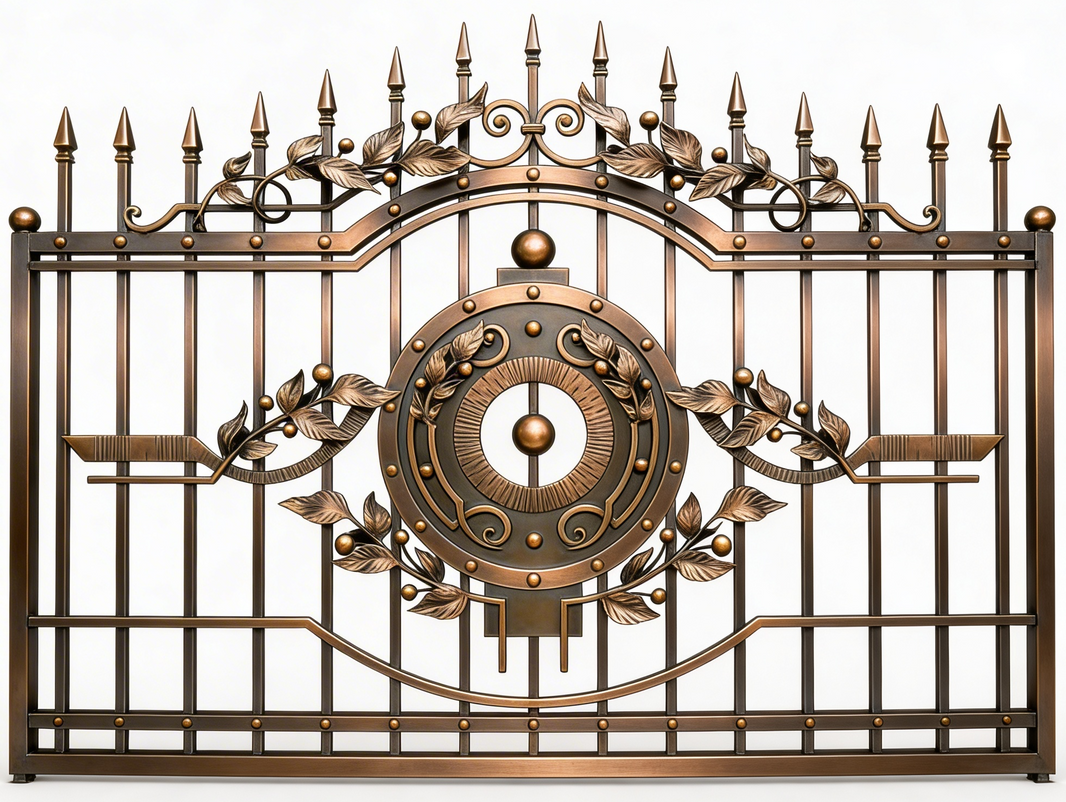 Handcrafted Steel Fence Panel with Ornamental Scrollwork & Central Medallion – Bronze Finish Model # OFP936