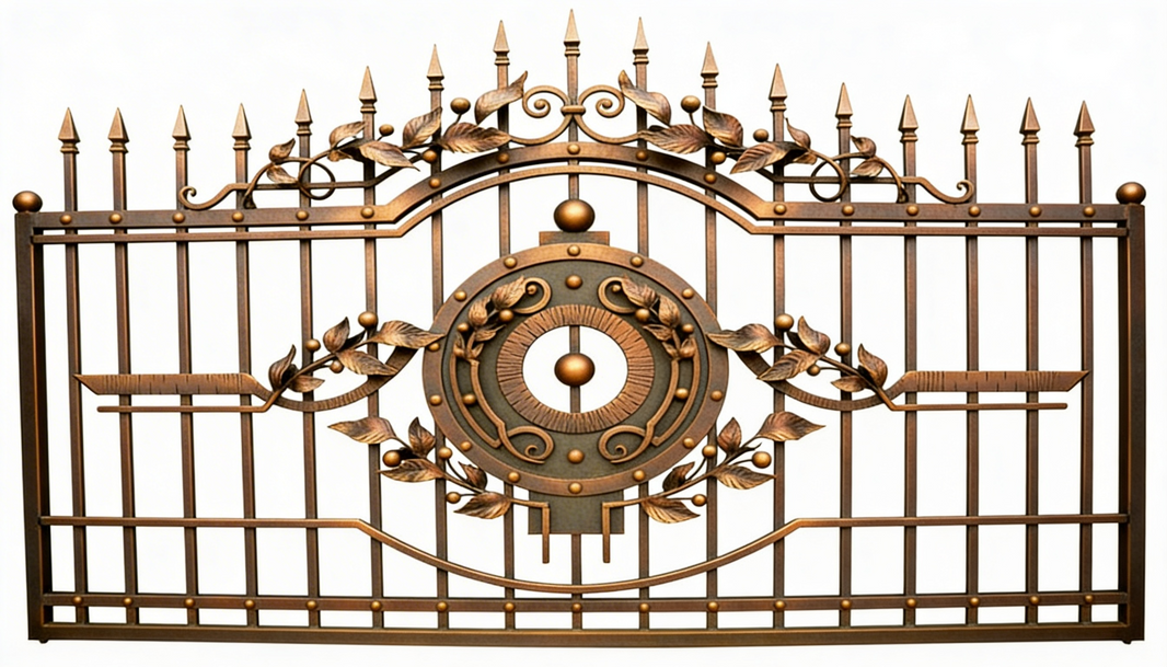 Handcrafted Steel Fence Panel with Ornamental Scrollwork & Central Medallion – Bronze Finish Model # OFP936