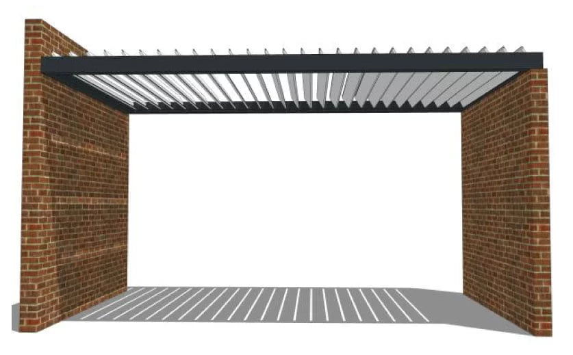 Brick archway with metal canopy on a white background