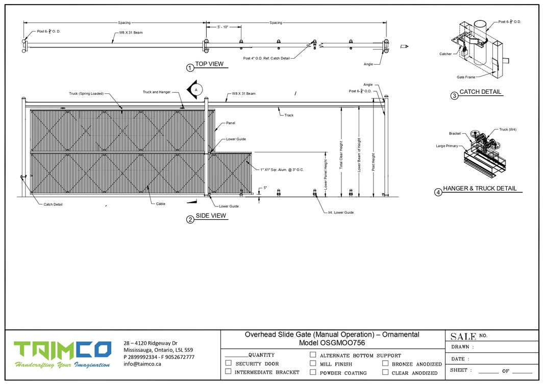 Castle Heavy Duty Overhead Slide Gate (Manual Operation)  - Ornamental Model OSGMOO756