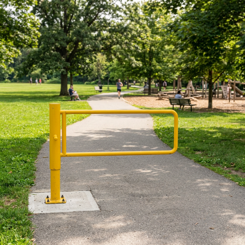 Steel P-gate barrier post installed for park pathway access control and pedestrian safety.