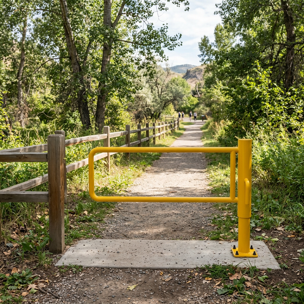 Yellow commercial steel P-gate barrier for parking lot, park, and trailway traffic control.