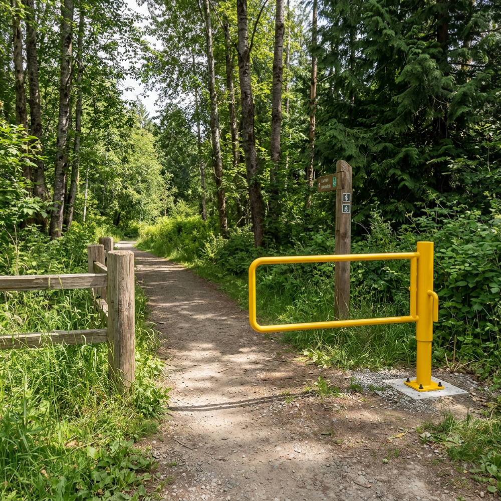 Welded steel construction detail of a commercial-grade yellow P-gate barrier post.