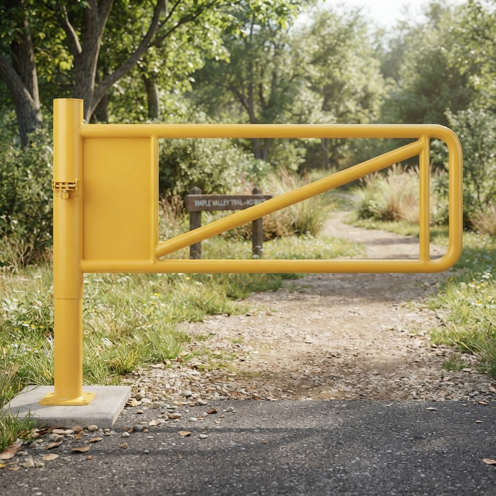 A bright yellow metal gate with a vertical post and diagonal support brace, set across a dirt trail in a wooded outdoor area.