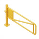 A bright yellow metal safety guardrail or barrier with a vertical post, square base plate, and angled horizontal rails, shown on a plain white background.