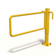 Tubular steel swing arm design on a yellow commercial P-gate traffic barrier post.