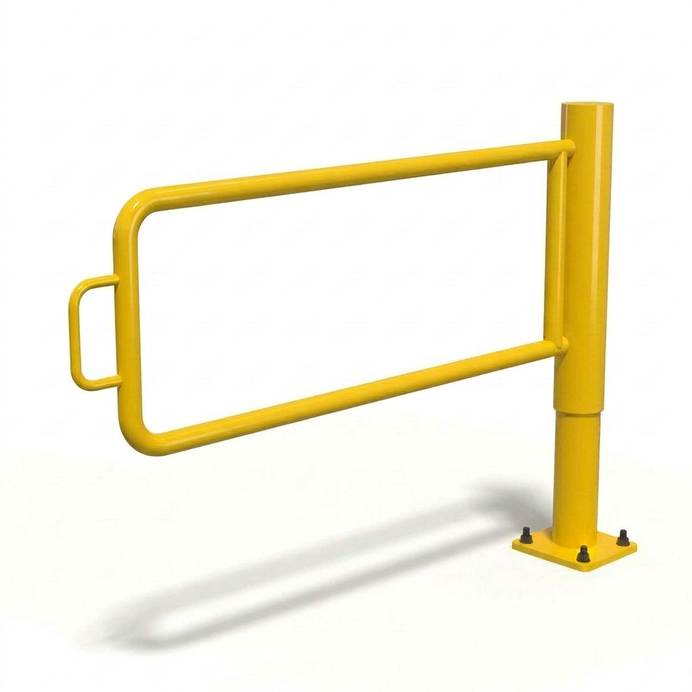 Yellow commercial P-gate access barrier for parking lot entry management and vehicle restriction.