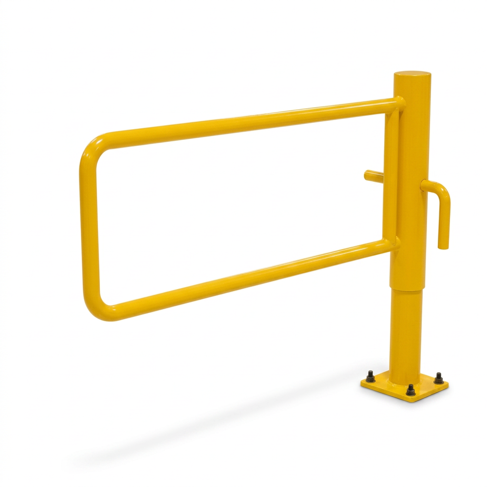 Commercial bright yellow heavy-duty steel P-gate barrier post for parking lots, public parks, and trailways access control.