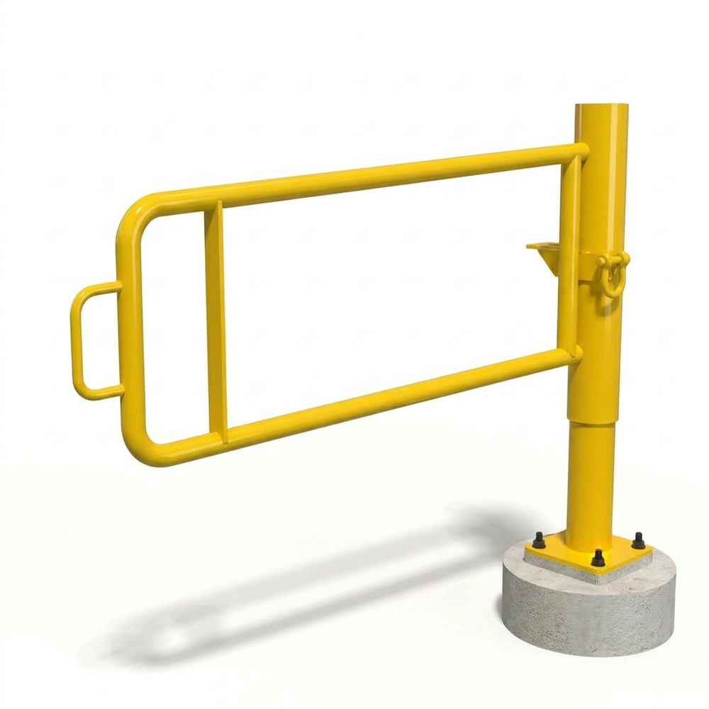 High-visibility yellow trailway P-gate to prevent unauthorized motor vehicle access on hiking and bike paths.