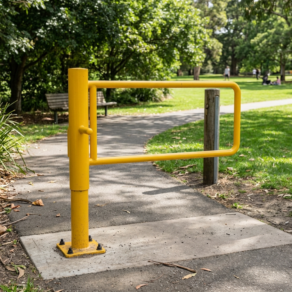 Side-profile view showing the high-visibility yellow steel swing arm barrier for roadway and path control.