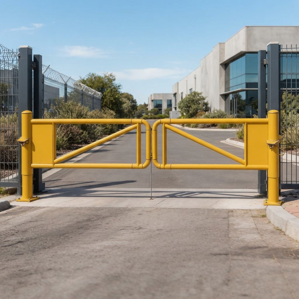 A bright yellow industrial gate barrier installed on a paved driveway, with dark metal posts, fencing, greenery, and a modern building in the background under a blue sky.
