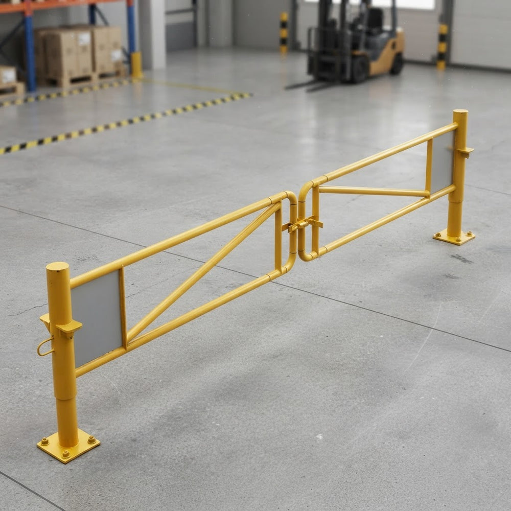 Yellow powder-coated manual swing gate securing an industrial perimeter driveway