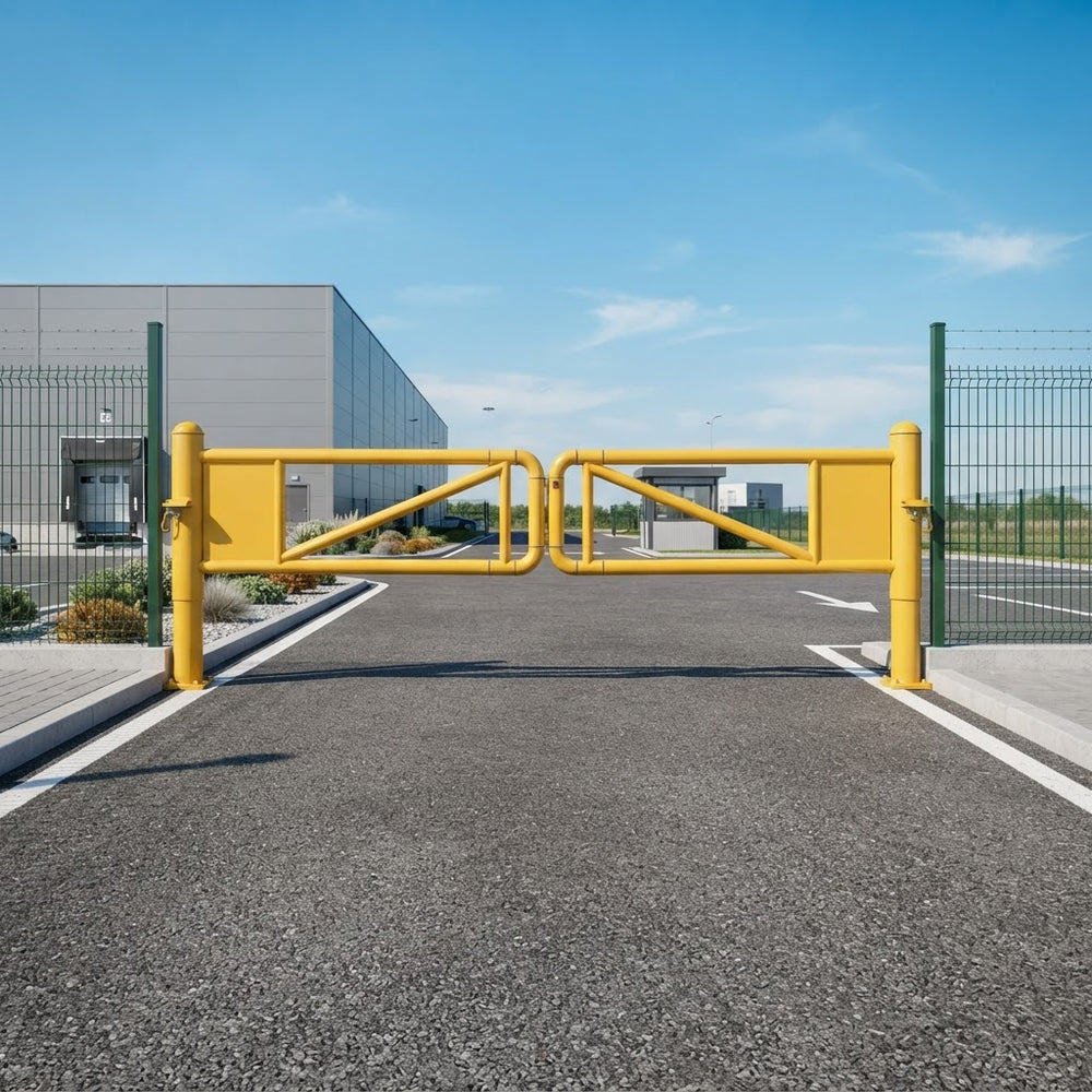 A yellow industrial automatic gate with green metal fencing on both sides, installed on a paved access road in front of a modern gray warehouse building under a blue sky.