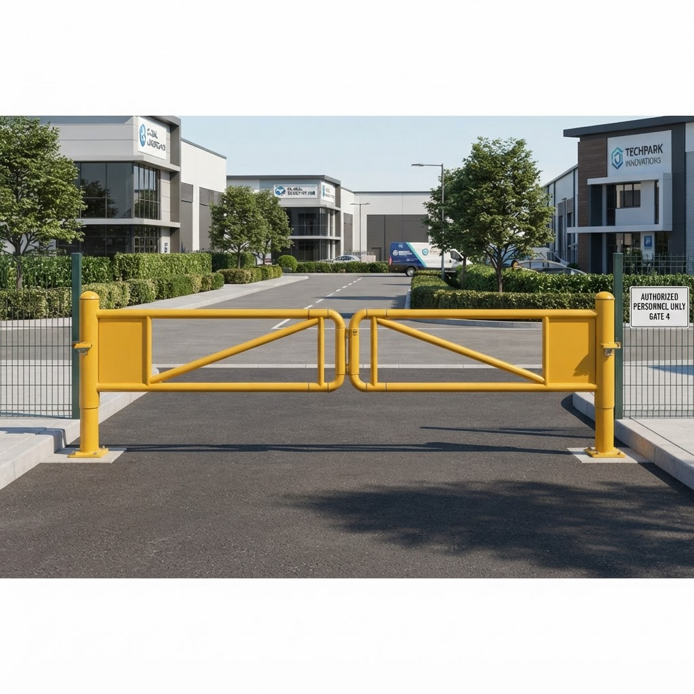 A bright yellow industrial gate barrier installed at a parking lot entrance, with a white sign reading 'AUTHORIZED PERSONNEL ONLY EXIT L3' and modern commercial buildings in the background.