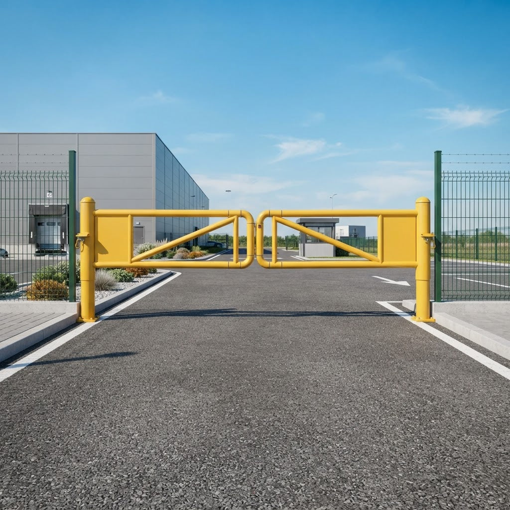 A yellow industrial automatic gate with green metal fencing on both sides, installed on a paved access road in front of a modern gray warehouse building under a blue sky.