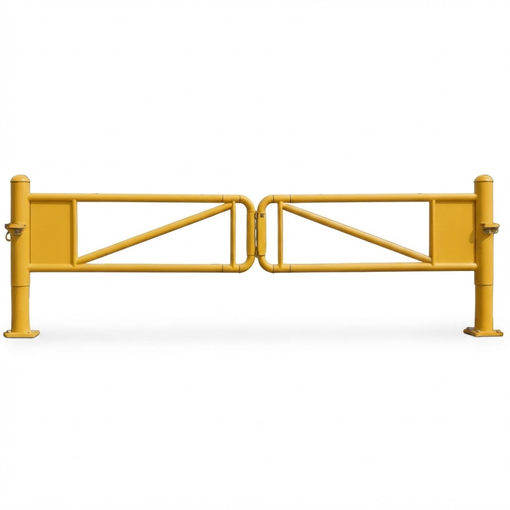 A yellow metal gate barrier with two vertical posts and diagonal cross-bracing, shown against a plain white background.