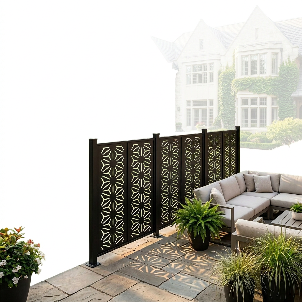 Modern geometric starburst metal privacy screen made from Canadian steel