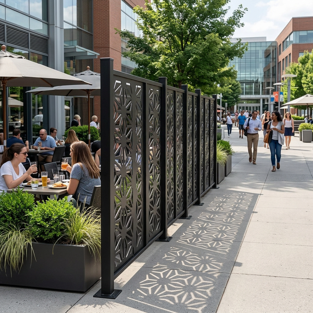 Powder coated steel privacy screen for patios and outdoor spaces