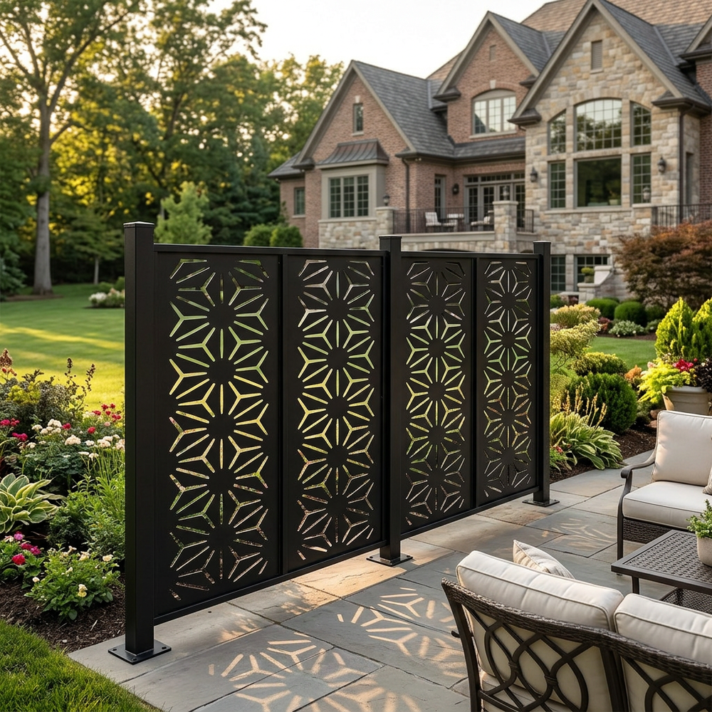 Canadian made laser cut steel privacy panel with starburst motif
