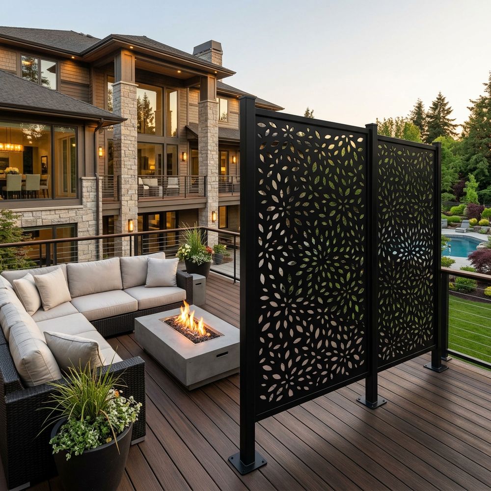 Decorative floral burst metal privacy screen made from premium Canadian steel