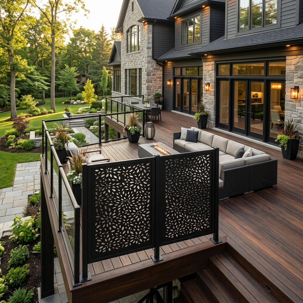 Modern floral metal privacy screen for patios and gardens