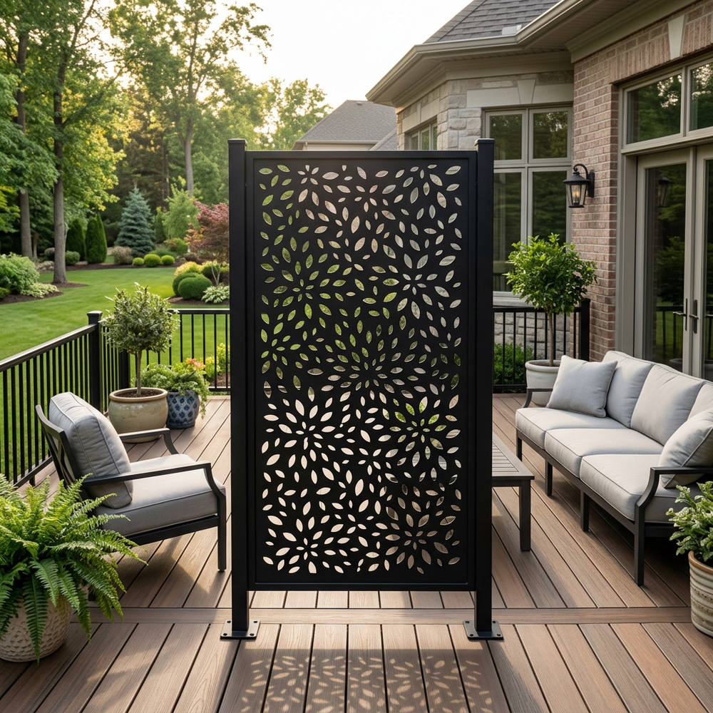 Heavy duty 3 mm steel privacy screen with floral geometric artwork