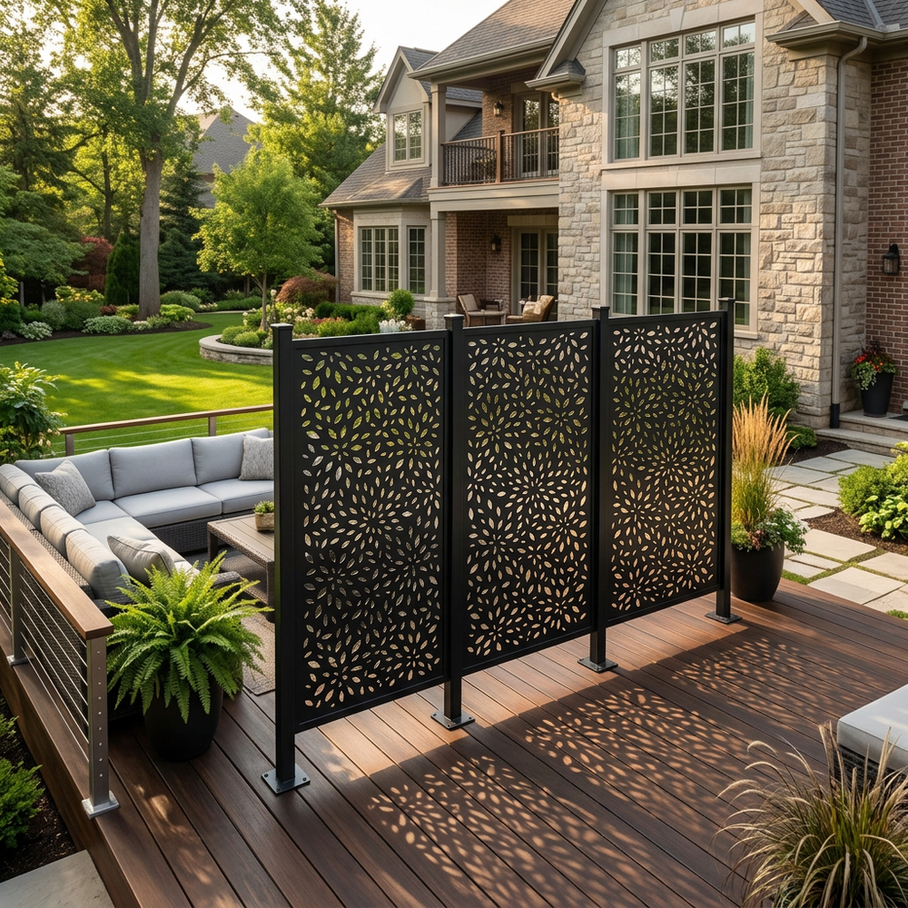 Decorative outdoor privacy wall with floral laser cut steel design