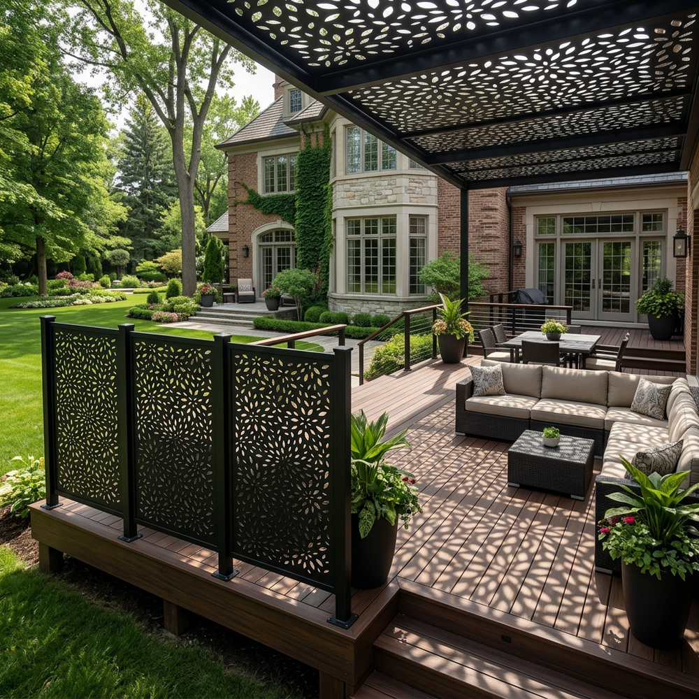 Modern floral metal privacy screen for patios and gardens