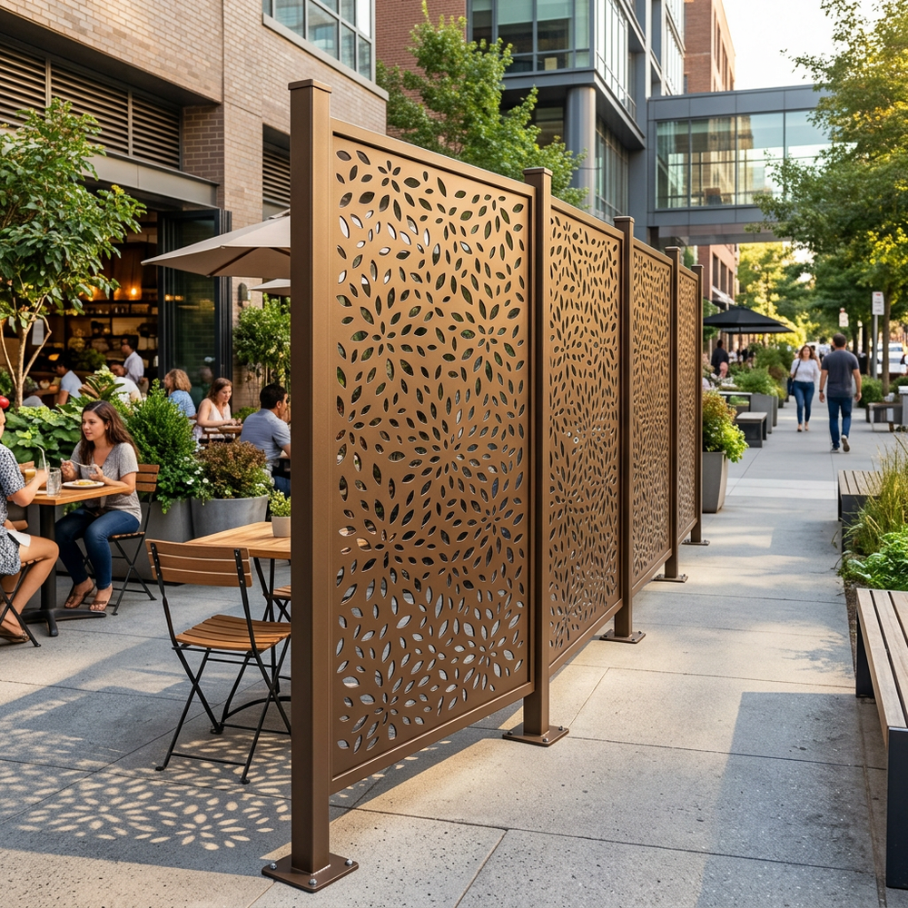 Contemporary decorative steel privacy panel featuring flower inspired design