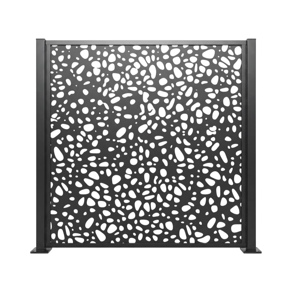Contemporary metal privacy screen with rounded geometric cutouts