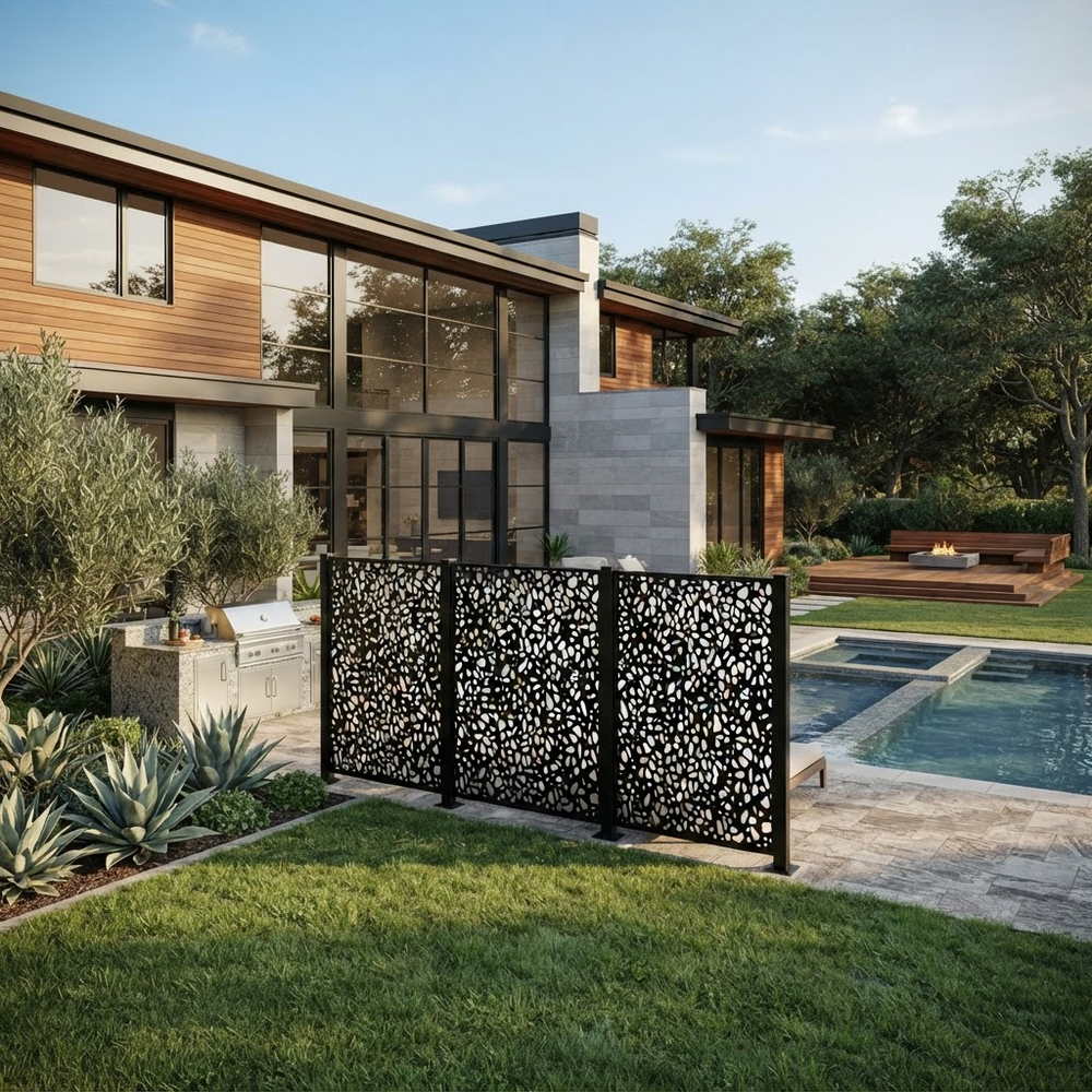Contemporary metal privacy screen with rounded geometric cutouts